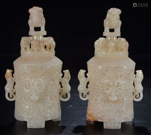 PAIR OF ANTIQUE JADE VASE CARVED WITH BEAST