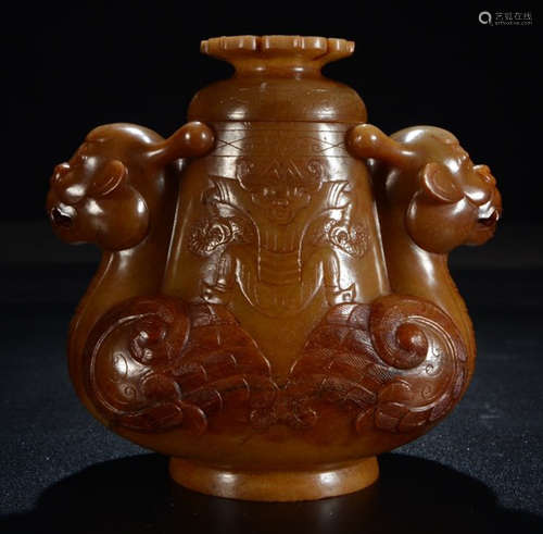 ANTIQUE JADE VASE WITH BEAST EARS