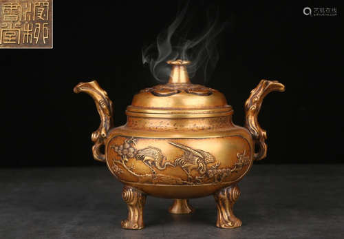 GILT BRONZE CENSER CARVED WITH CRANE&PINE