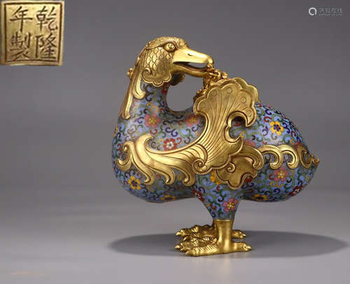 A QIANLONG MARK CLOISONNE MADARIN DUCK SHAPE CENSER