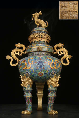 A QIANLONG MARK GILT BRONZE CLOISONNE CENSER