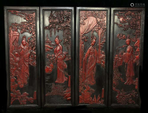 SET OF ZITAN WOOD SCREEN CARVED WITH FIGURE