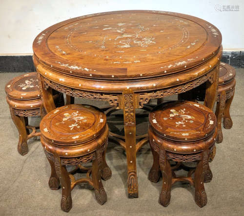 HUANGLI WOOD TABLE&CHAIRS EMBEDDED WITH CONCH