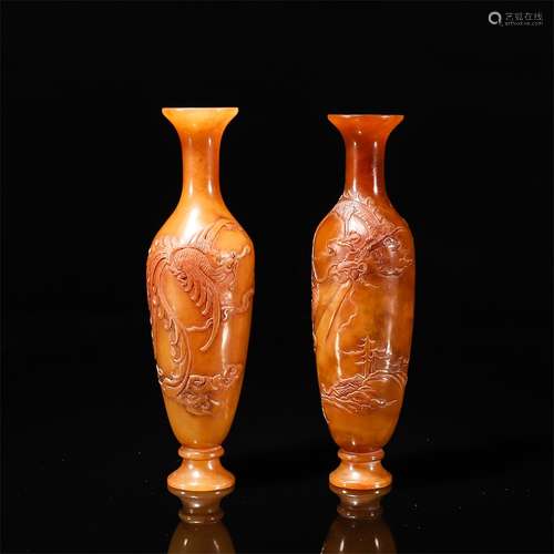 Pair Of Tianhuang Stone Dragon&Phoenix Vases