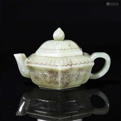 Hetian Jade Peotry Carving Teapot