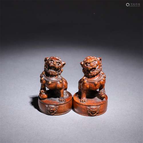 Pair Of Boxwood Lion Paperweights