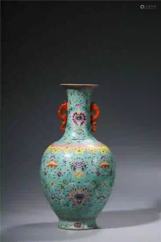 CHINESE. A TURQUOISE-GROUND FAMILLE ROSE VASE WITH …