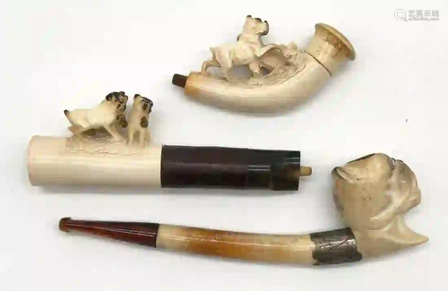 3 meerschaum pipes with pug. One with a case. Probably