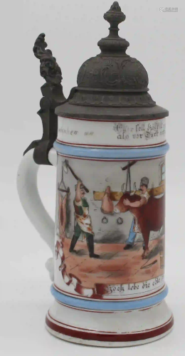 Jug with tin lid and lithophane bottom. Souvenir of