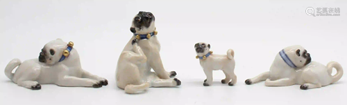 Meissen porcelain. 4 figures, pug. Up to 6 cm high.