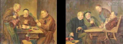 MONOGRAMED (XIX - XX). 2 paintings. Old men drinking.