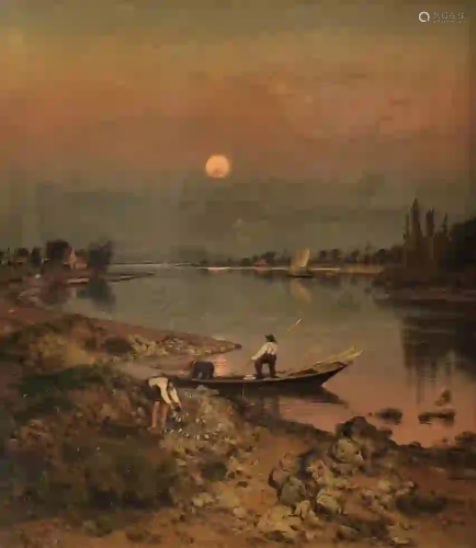 W. JETT (1846 - ?).Fisherman in the sunset.