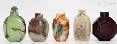 5 snuff bottles, probably glass partially painted.