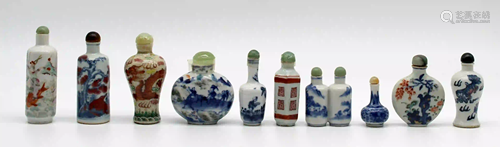 10 porcelain snuff bottles / dispeners. Probably China