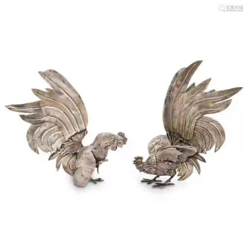 Pair of Silver Over Bronze Fighting Cocks