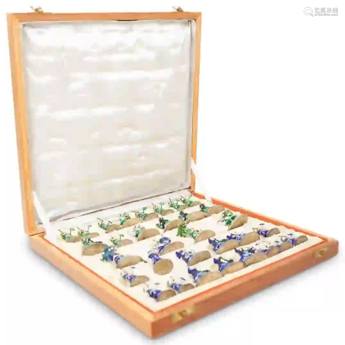 (32) Indian Meenakari Enamel Silver Chess Set