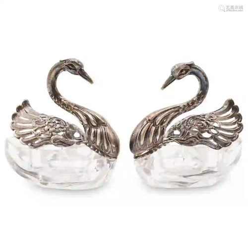 Pair of Sterling Silver & Crystal Swan Salt Cellars