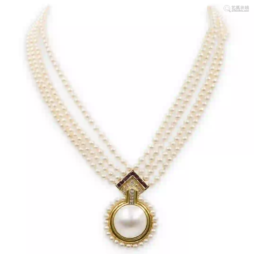 18K Gold & 4 Strand Mobe Pearl Necklace