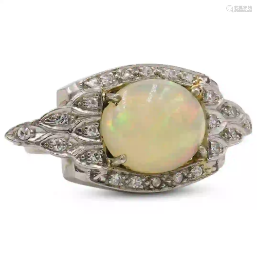 Art Deco 14k Gold, Opal and Diamond Ring