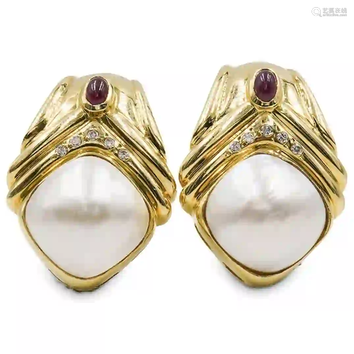 18K Gold, Pearl, Ruby & Diamond Earrings