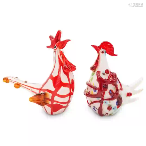 Pair of Murano Glass Rooster Figurines