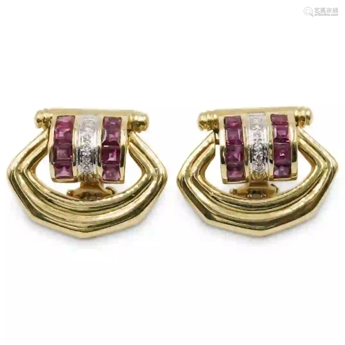 18K Gold, Ruby & Diamond Earrings