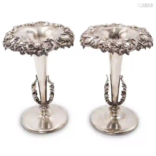 Antique Pair Of Sterling Silver Vases