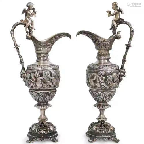 Pair Of 19th Cent. French Silver Bronze Ewers