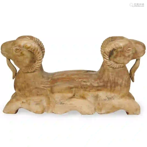 Chinese Carved Double Rams Head Sculpture