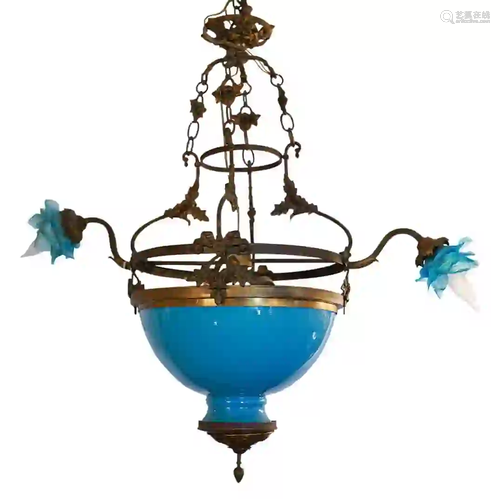 French Bronze & Opaline Glass Chandelier