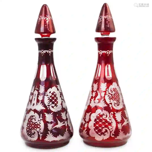 Pair Of Bohemian Ruby Glass Decanters