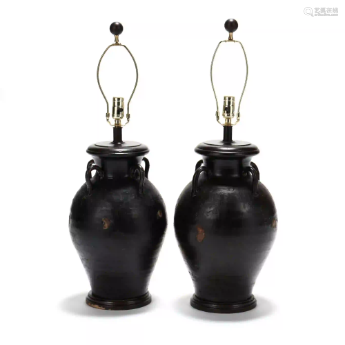 Pair of Black Pottery Table Lamps