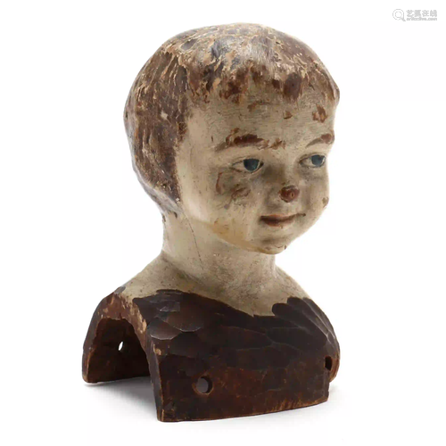 Carved and Painted Wooden Doll Head