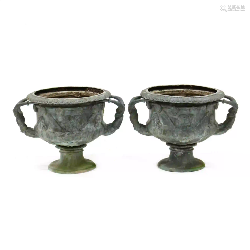 Pair of Roman Style Cast Bronze Garden Urns