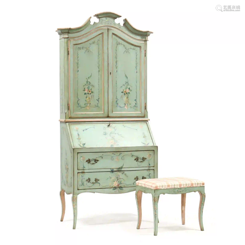 Italian Painted Secretary Bookcase with Stool, Patina