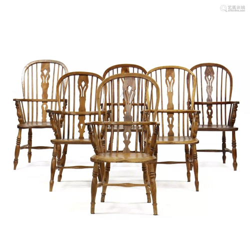 Set of Six English Elm Windsor Armchairs