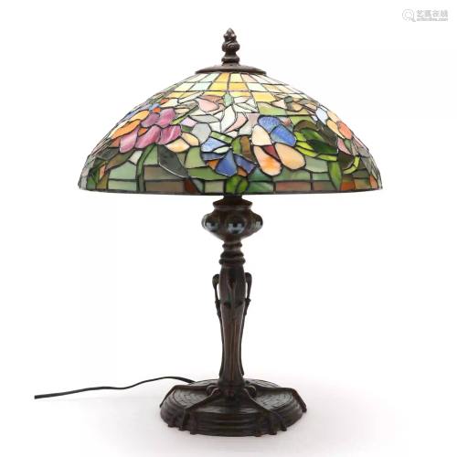 Art Nouveau Bronze Table Lamp with Stained Glass Shade