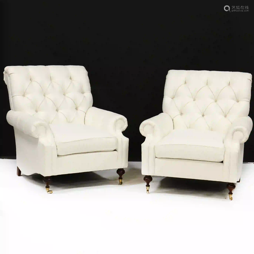 Pair of English Style Designer Tufted Club Chairs,