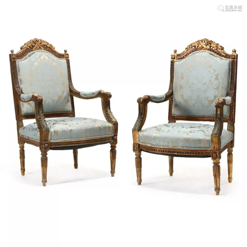 Pair of Louis XVI Style Gilt and Upholstered Fauteuils