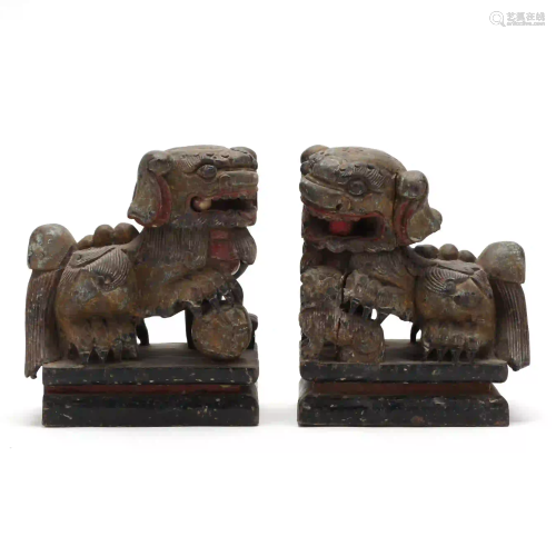 Pair of Carved and Painted Wood Foo Dogs