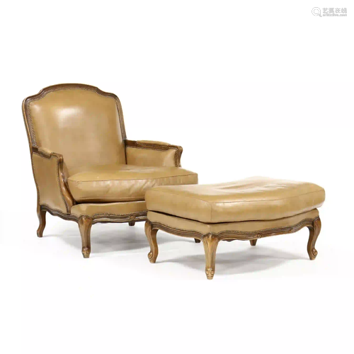 Louis XV Style Leather Bergere and Ottoman, Chateau