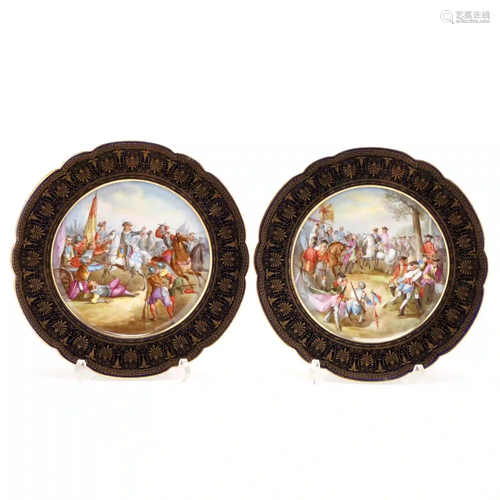 Two Sevres Hand-Painted Battle Scene Cabinet Plates