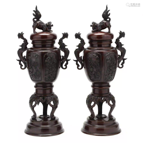 Pair of Asian Bronze Urns