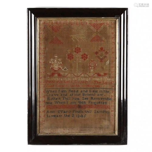 Framed Needlework Sampler, Ann Evans 1846