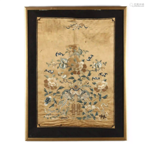 A Framed Chinese Double Happiness Silk Embroidery Panel