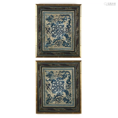 A Pair of Framed Chinese Silk Embroidered Textile