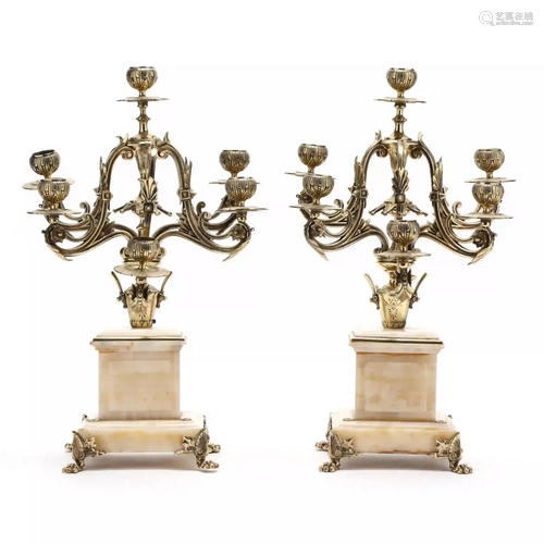 Pair of Brass and Alabaster Candelabra