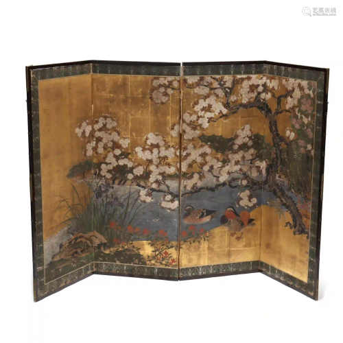A Japanese Four Panel Spring and Summer Landscape