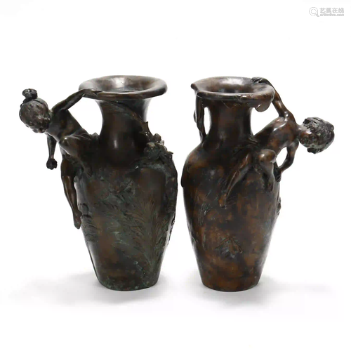 Near Pair of Art Nouveau Style Bronze Urns