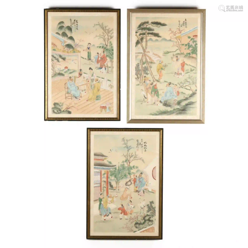 Three Chinese Watercolor Paintings on Silk
